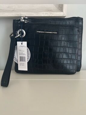 NWT French Connection Dale Croco Double Slim Pouches/Wristlet Black